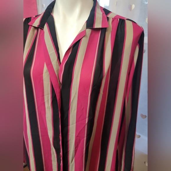 #60 Lady Shapely 38 Pink Black Cream Vertical-Striped Blouse - Picture 3 of 8